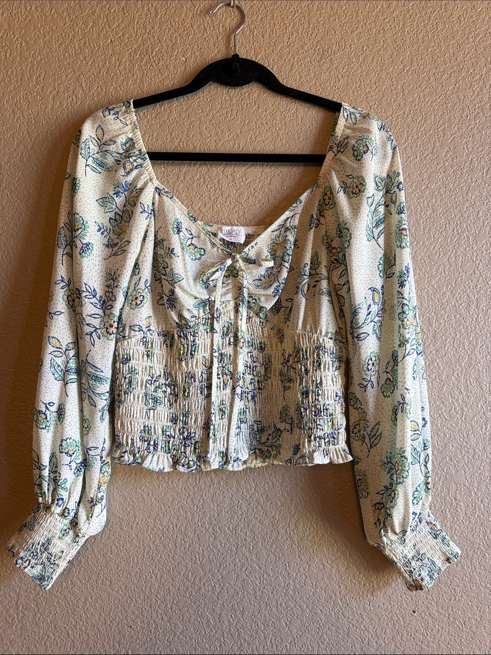 Sienna Sky Floral Smocked Milkmaid Blouse Cream Long Sleeve Crop Top